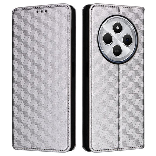 For Xiaomi Poco C75 4G / Redmi 14R 5G / 14C 4G / A4 5G Wallet Case Rhombus Imprinted Leather Phone Cover - Silver