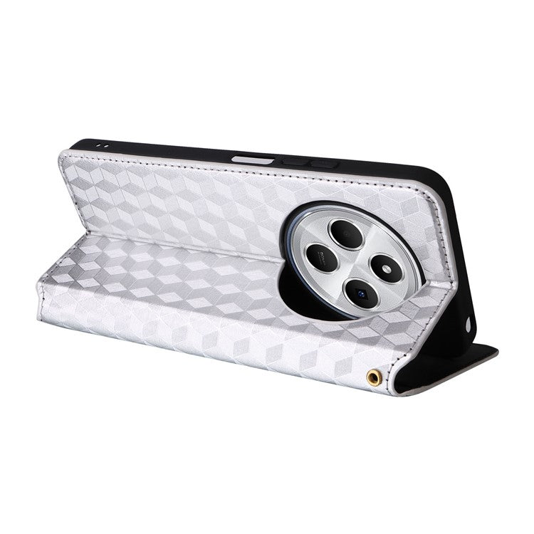 For Xiaomi Poco C75 4G / Redmi 14R 5G / 14C 4G / A4 5G Wallet Case Rhombus Imprinted Leather Phone Cover - Silver