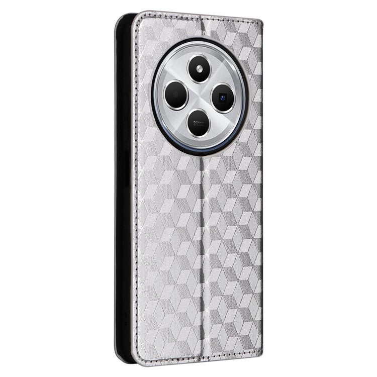For Xiaomi Poco C75 4G / Redmi 14R 5G / 14C 4G / A4 5G Wallet Case Rhombus Imprinted Leather Phone Cover - Silver