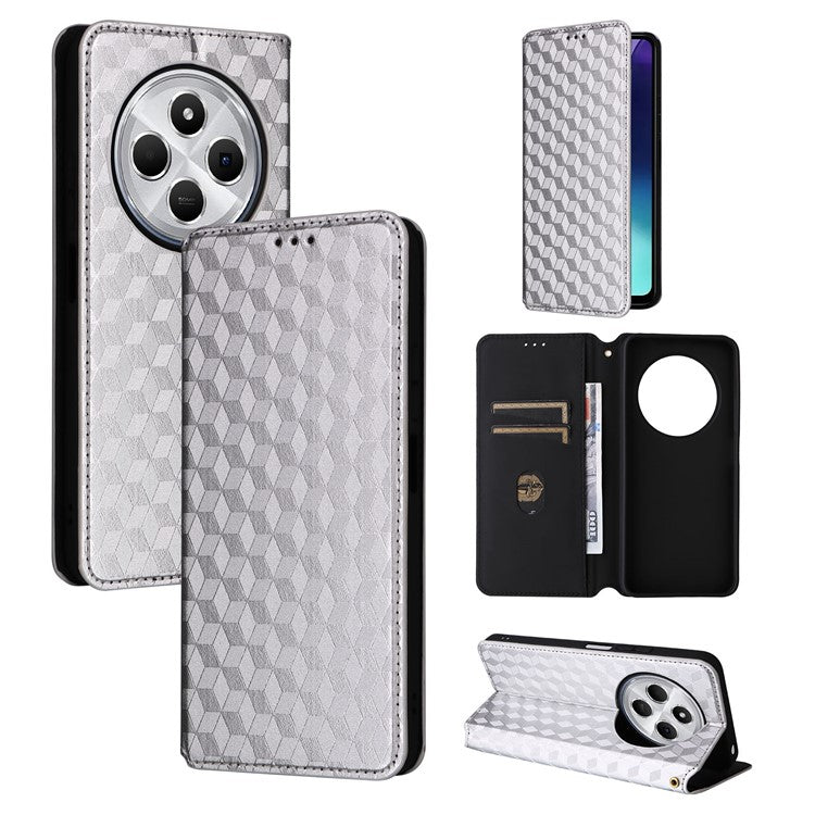 For Xiaomi Poco C75 4G / Redmi 14R 5G / 14C 4G / A4 5G Wallet Case Rhombus Imprinted Leather Phone Cover - Silver