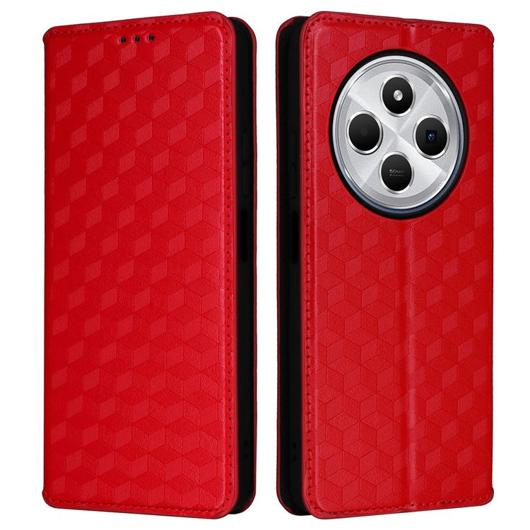 For Xiaomi Poco C75 4G / Redmi 14R 5G / 14C 4G / A4 5G Wallet Case Rhombus Imprinted Leather Phone Cover - Red