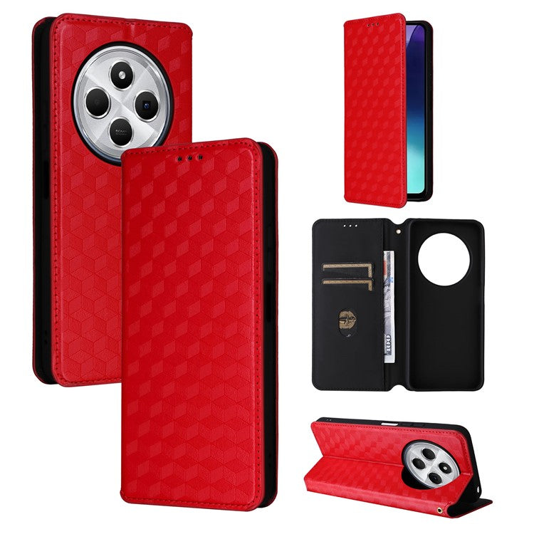 For Xiaomi Poco C75 4G / Redmi 14R 5G / 14C 4G / A4 5G Wallet Case Rhombus Imprinted Leather Phone Cover - Red