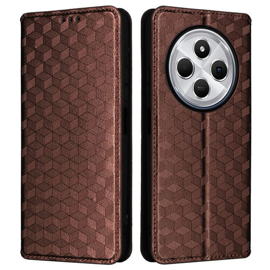For Xiaomi Poco C75 4G / Redmi 14R 5G / 14C 4G / A4 5G Wallet Case Rhombus Imprinted Leather Phone Cover - Brown