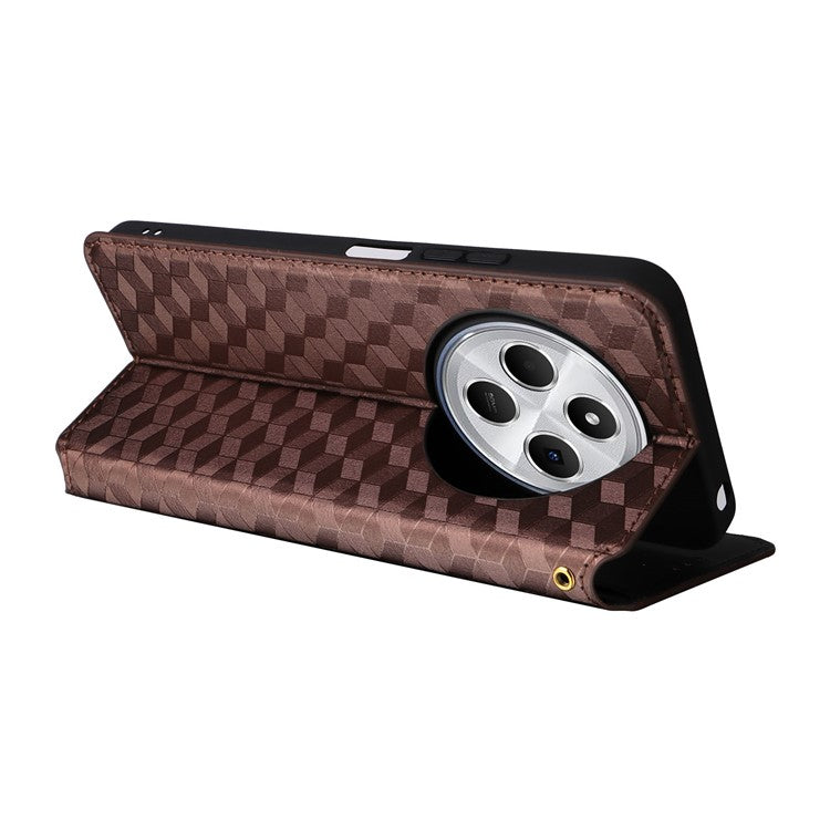 For Xiaomi Poco C75 4G / Redmi 14R 5G / 14C 4G / A4 5G Wallet Case Rhombus Imprinted Leather Phone Cover - Brown