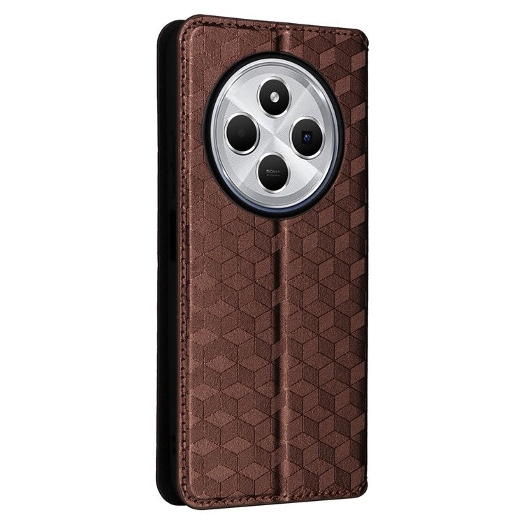 For Xiaomi Poco C75 4G / Redmi 14R 5G / 14C 4G / A4 5G Wallet Case Rhombus Imprinted Leather Phone Cover - Brown