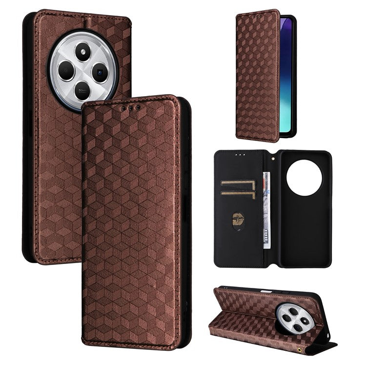 For Xiaomi Poco C75 4G / Redmi 14R 5G / 14C 4G / A4 5G Wallet Case Rhombus Imprinted Leather Phone Cover - Brown