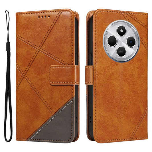For Xiaomi Poco C75 4G / Redmi 14R 5G / 14C 4G Case Leather Geometric Line Wallet Phone Cover with Wrist Strap - Brown