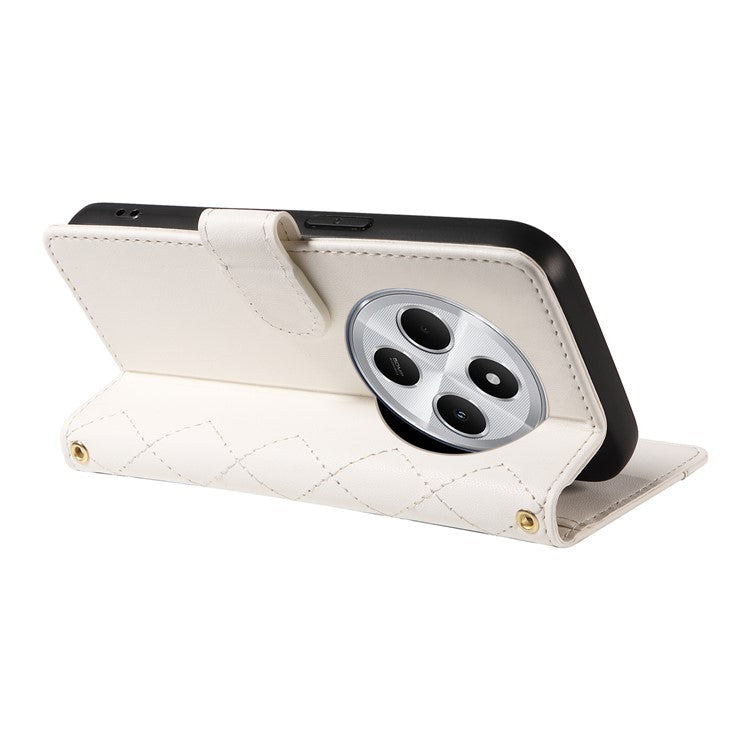 For Xiaomi Poco C75 4G / Redmi 14R 5G / 14C 4G Case Wallet Rhombus Leather Phone Cover with Shoulder Strap, Wrist Strap - White