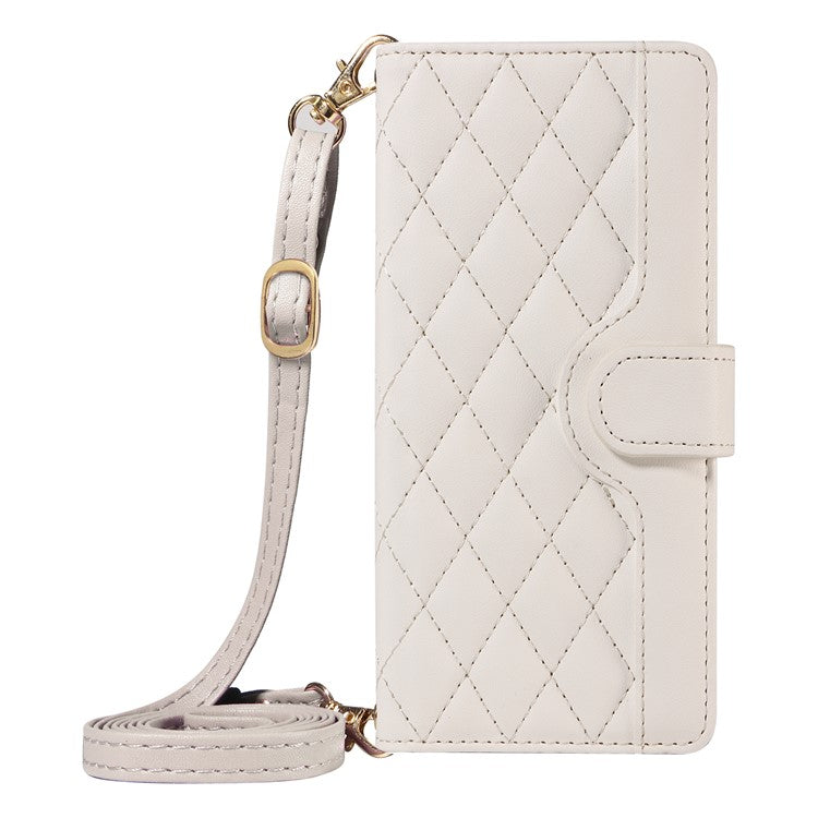 For Xiaomi Poco C75 4G / Redmi 14R 5G / 14C 4G Case Wallet Rhombus Leather Phone Cover with Shoulder Strap, Wrist Strap - White