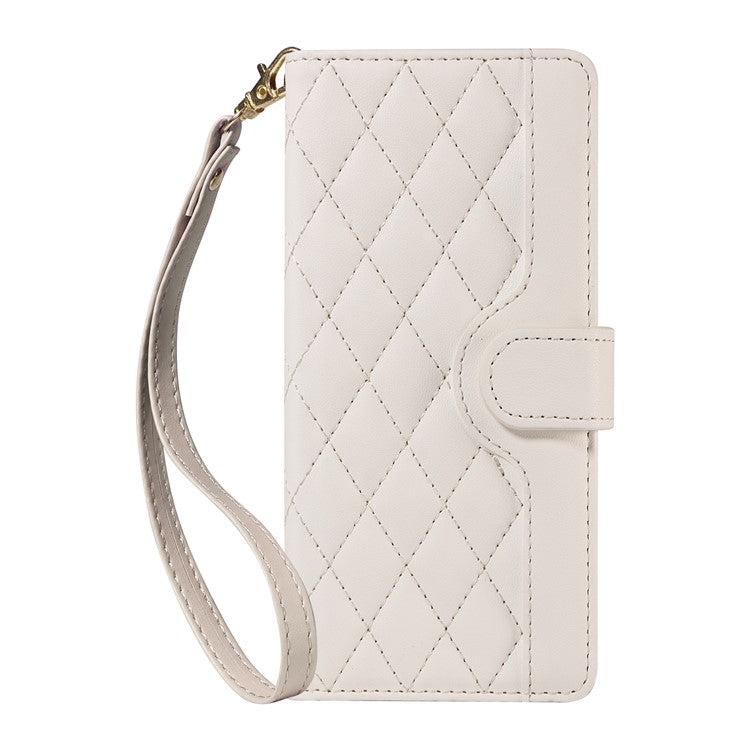 For Xiaomi Poco C75 4G / Redmi 14R 5G / 14C 4G Case Wallet Rhombus Leather Phone Cover with Shoulder Strap, Wrist Strap - White