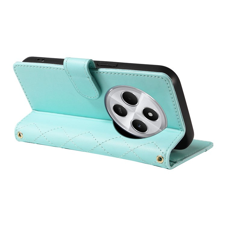 For Xiaomi Poco C75 4G / Redmi 14R 5G / 14C 4G Case Wallet Rhombus Leather Phone Cover with Shoulder Strap, Wrist Strap - Green