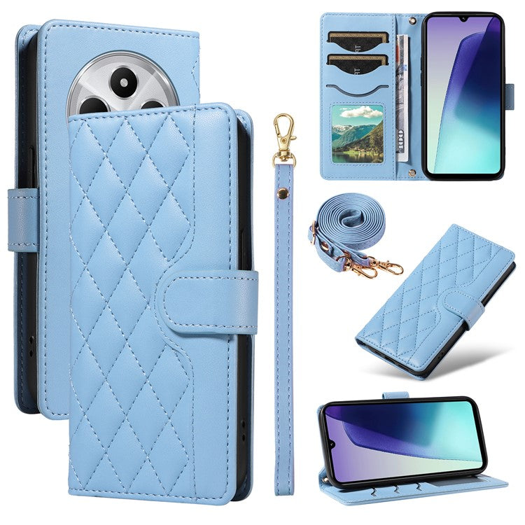 For Xiaomi Poco C75 4G / Redmi 14R 5G / 14C 4G Case Wallet Rhombus Leather Phone Cover with Shoulder Strap, Wrist Strap - Blue