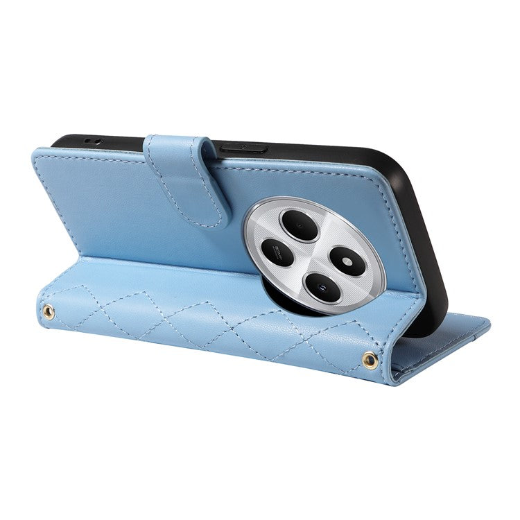 For Xiaomi Poco C75 4G / Redmi 14R 5G / 14C 4G Case Wallet Rhombus Leather Phone Cover with Shoulder Strap, Wrist Strap - Blue