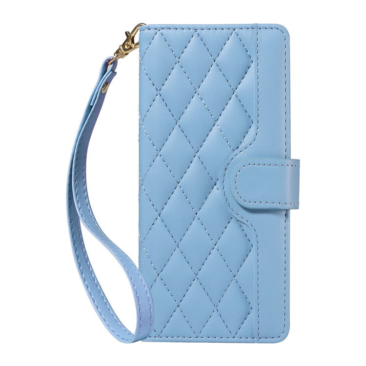 For Xiaomi Poco C75 4G / Redmi 14R 5G / 14C 4G Case Wallet Rhombus Leather Phone Cover with Shoulder Strap, Wrist Strap - Blue