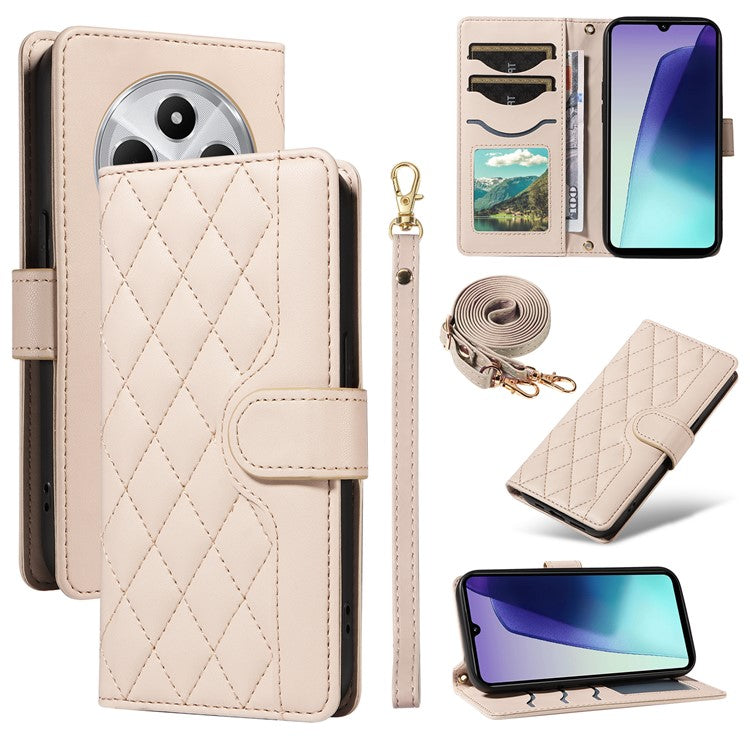 For Xiaomi Poco C75 4G / Redmi 14R 5G / 14C 4G Case Wallet Rhombus Leather Phone Cover with Shoulder Strap, Wrist Strap - Apricot