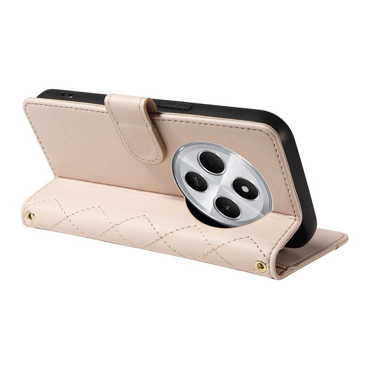 For Xiaomi Poco C75 4G / Redmi 14R 5G / 14C 4G Case Wallet Rhombus Leather Phone Cover with Shoulder Strap, Wrist Strap - Apricot