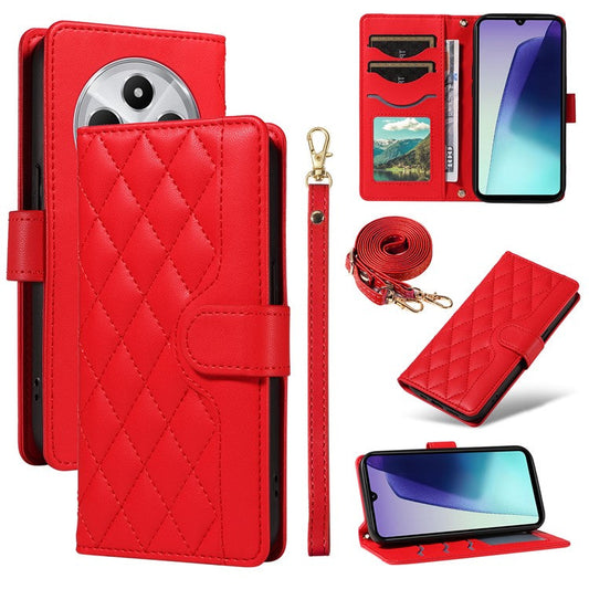 For Xiaomi Poco C75 4G / Redmi 14R 5G / 14C 4G Case Wallet Rhombus Leather Phone Cover with Shoulder Strap, Wrist Strap - Red