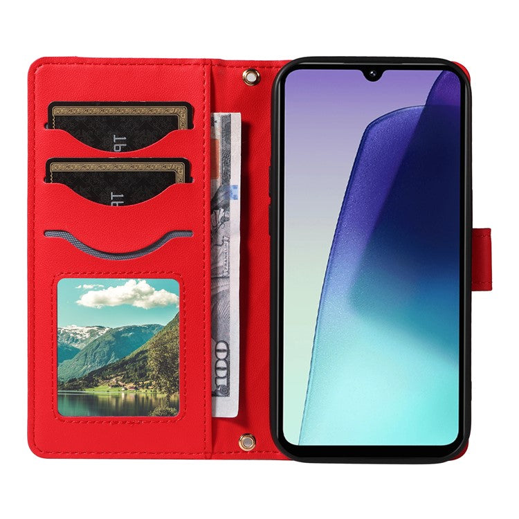 For Xiaomi Poco C75 4G / Redmi 14R 5G / 14C 4G Case Wallet Rhombus Leather Phone Cover with Shoulder Strap, Wrist Strap - Red