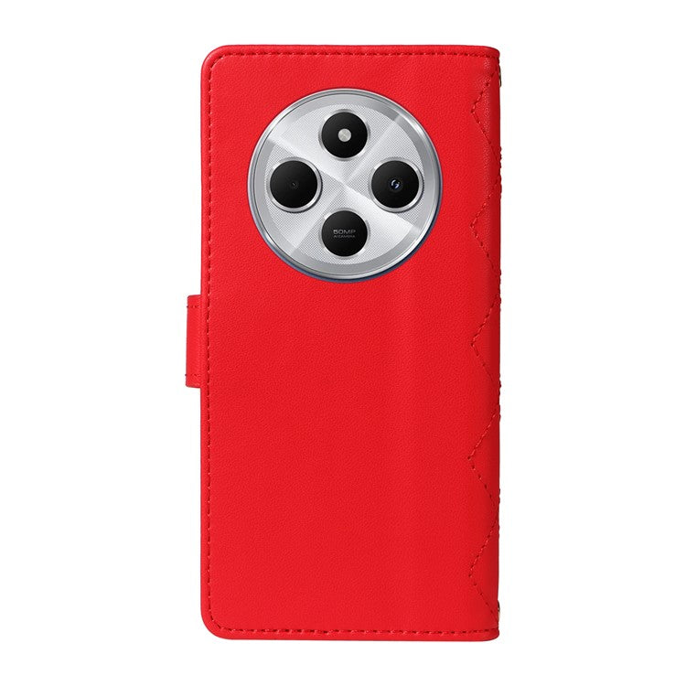 For Xiaomi Poco C75 4G / Redmi 14R 5G / 14C 4G Case Wallet Rhombus Leather Phone Cover with Shoulder Strap, Wrist Strap - Red