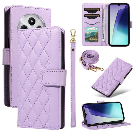 For Xiaomi Poco C75 4G / Redmi 14R 5G / 14C 4G Case Wallet Rhombus Leather Phone Cover with Shoulder Strap, Wrist Strap - Light Purple