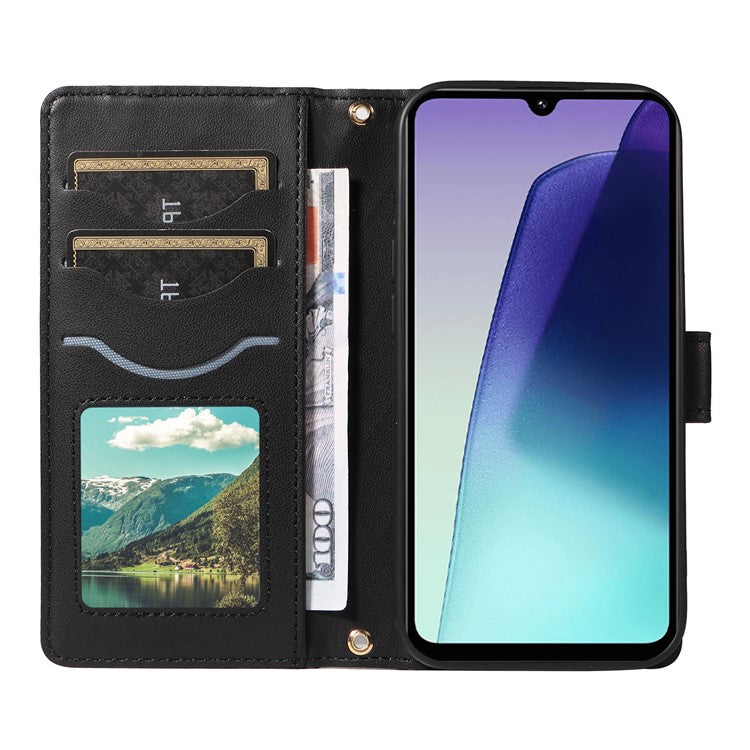 For Xiaomi Poco C75 4G / Redmi 14R 5G / 14C 4G Case Wallet Rhombus Leather Phone Cover with Shoulder Strap, Wrist Strap - Black