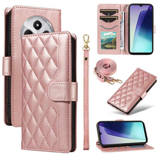 For Xiaomi Poco C75 4G / Redmi 14R 5G / 14C 4G Case Wallet Rhombus Leather Phone Cover with Shoulder Strap, Wrist Strap - Rose Gold