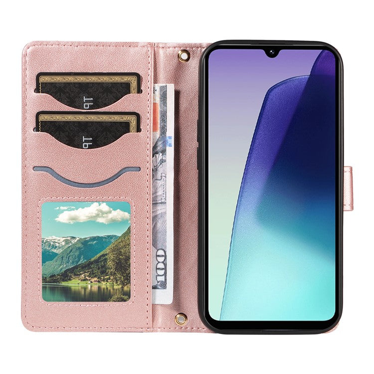 For Xiaomi Poco C75 4G / Redmi 14R 5G / 14C 4G Case Wallet Rhombus Leather Phone Cover with Shoulder Strap, Wrist Strap - Rose Gold