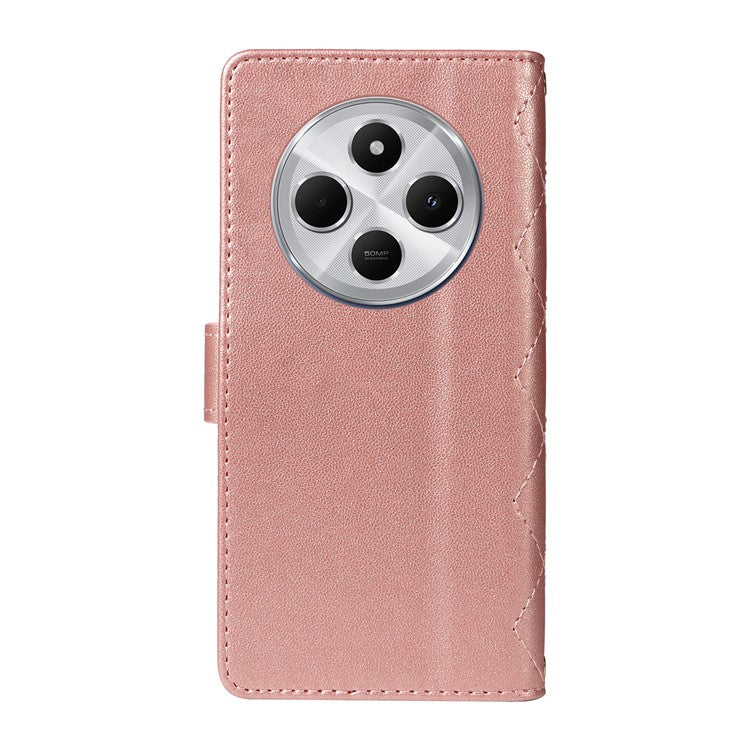 For Xiaomi Poco C75 4G / Redmi 14R 5G / 14C 4G Case Wallet Rhombus Leather Phone Cover with Shoulder Strap, Wrist Strap - Rose Gold