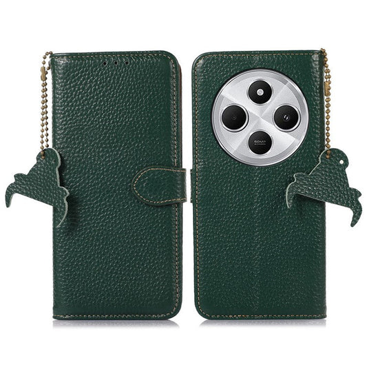For Xiaomi Poco C75 4G / Redmi 14R 5G / 14C 4G Case RFID Blocking Litchi Texture Genuine Cow Leather Phone Cover - Green