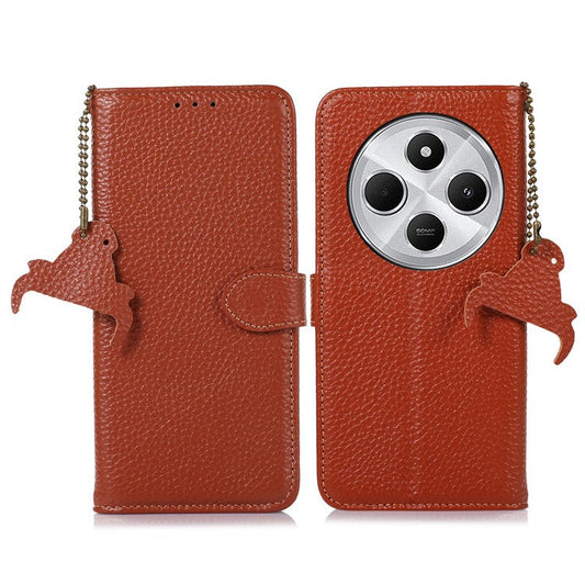 For Xiaomi Poco C75 4G / Redmi 14R 5G / 14C 4G Case RFID Blocking Litchi Texture Genuine Cow Leather Phone Cover - Brown