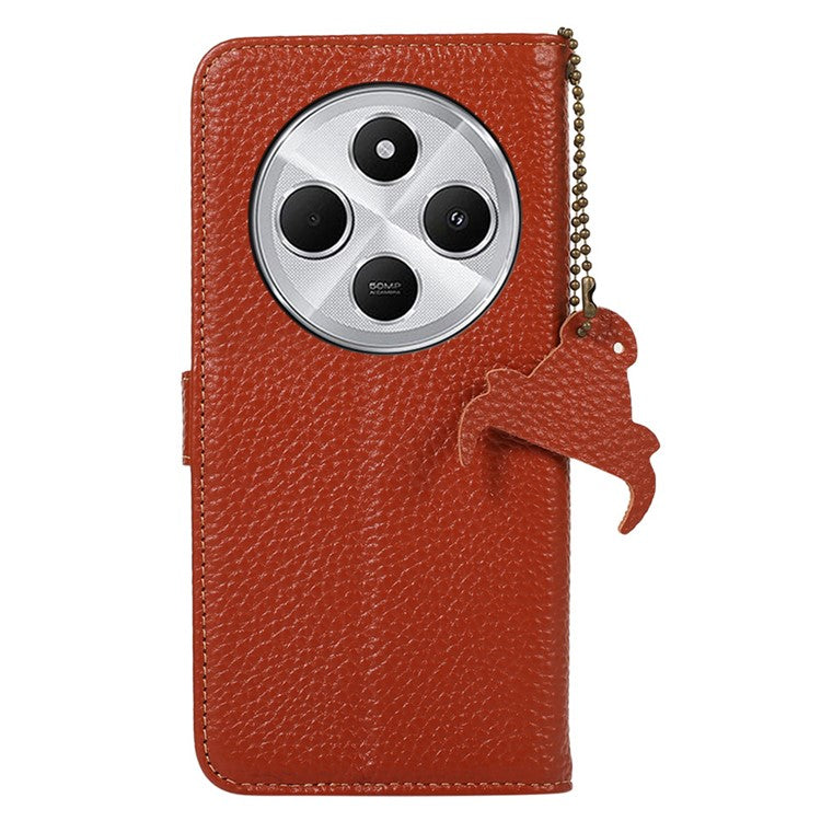 For Xiaomi Poco C75 4G / Redmi 14R 5G / 14C 4G Case RFID Blocking Litchi Texture Genuine Cow Leather Phone Cover - Brown