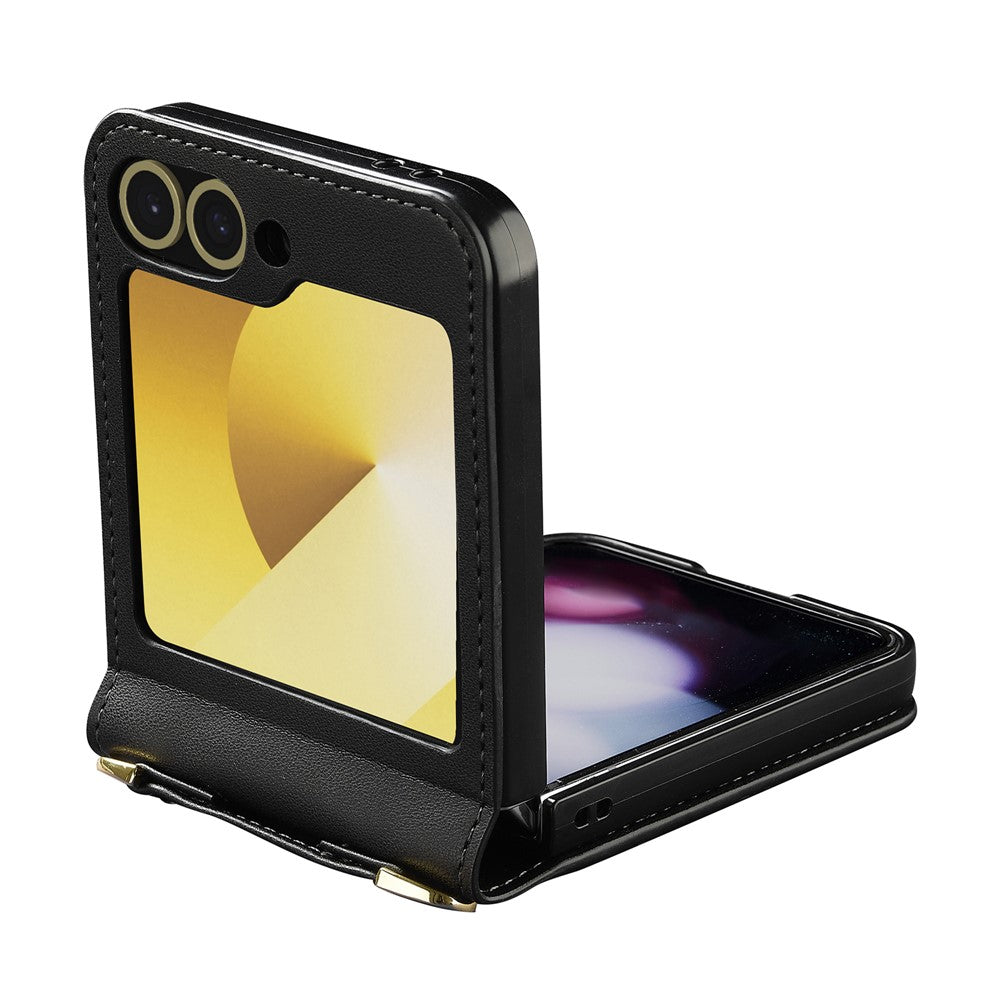 LC.IMEEKE for Samsung Galaxy Z Flip7 FE 5G / Z Flip6 5G Case Leather+PC Phone Cover with Straps Card Slots - Black