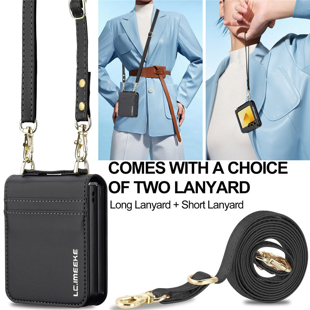 LC.IMEEKE for Samsung Galaxy Z Flip7 FE 5G / Z Flip6 5G Case Leather+PC Phone Cover with Straps Card Slots - Black