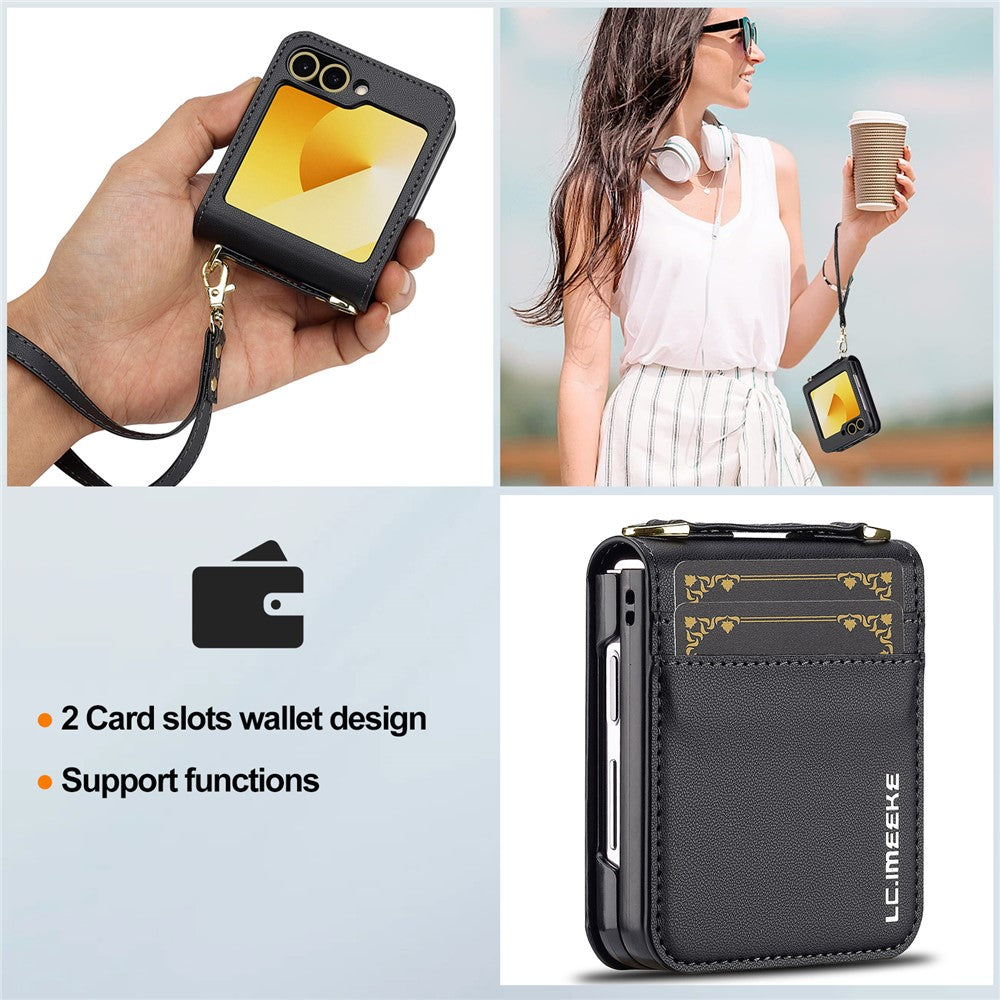 LC.IMEEKE for Samsung Galaxy Z Flip7 FE 5G / Z Flip6 5G Case Leather+PC Phone Cover with Straps Card Slots - Black