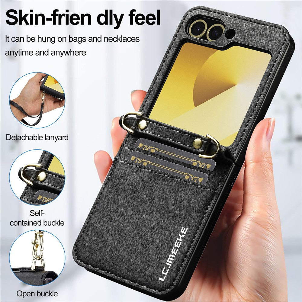 LC.IMEEKE for Samsung Galaxy Z Flip7 FE 5G / Z Flip6 5G Case Leather+PC Phone Cover with Straps Card Slots - Black