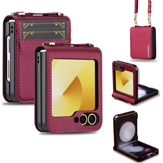 LC.IMEEKE for Samsung Galaxy Z Flip7 FE 5G / Z Flip6 5G Case Leather+PC Phone Cover with Straps Card Slots - Red