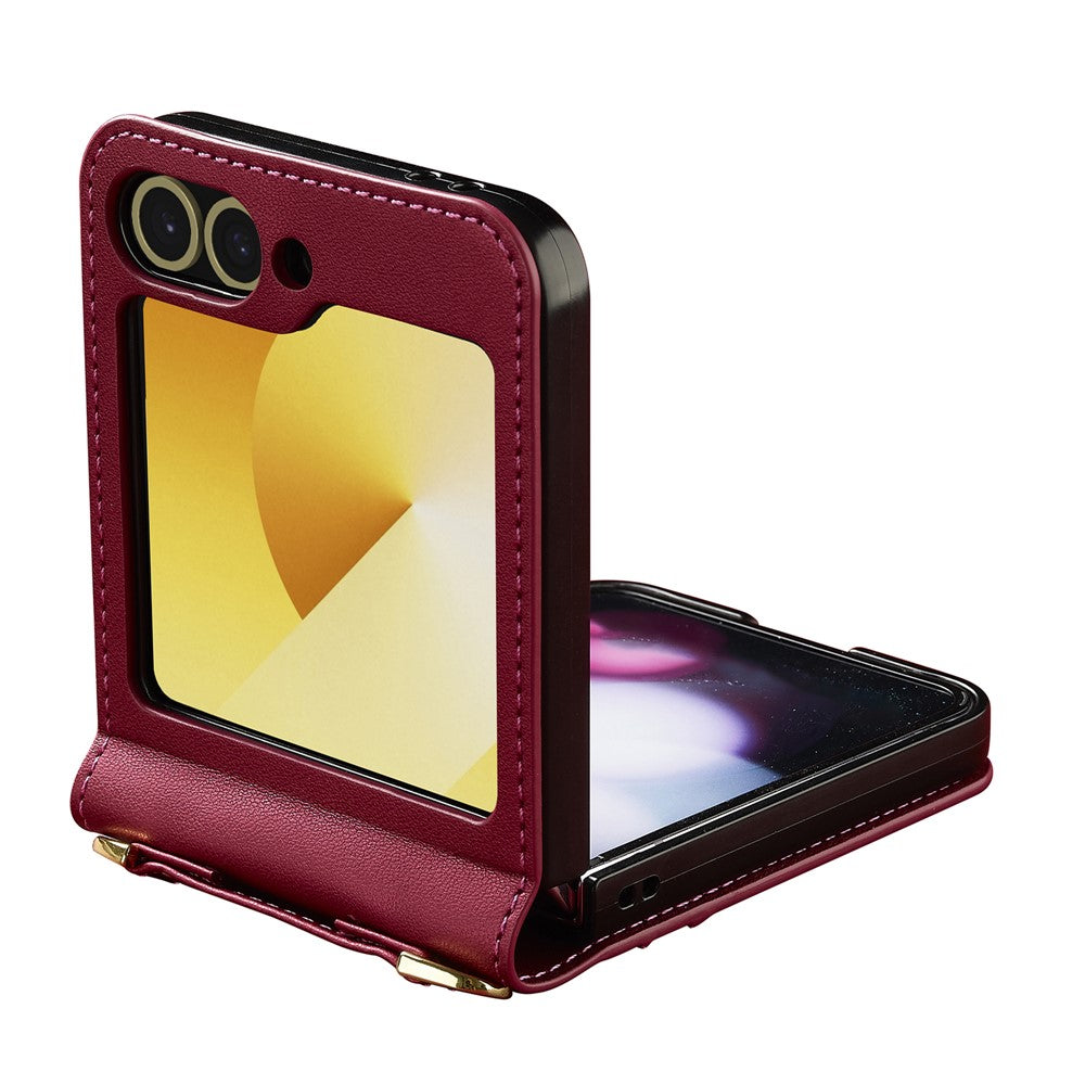 LC.IMEEKE for Samsung Galaxy Z Flip7 FE 5G / Z Flip6 5G Case Leather+PC Phone Cover with Straps Card Slots - Red