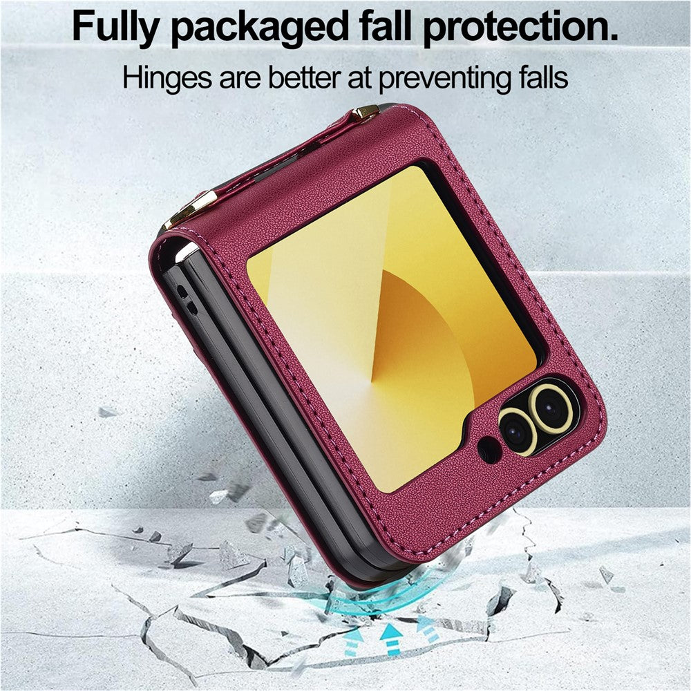 LC.IMEEKE for Samsung Galaxy Z Flip7 FE 5G / Z Flip6 5G Case Leather+PC Phone Cover with Straps Card Slots - Red