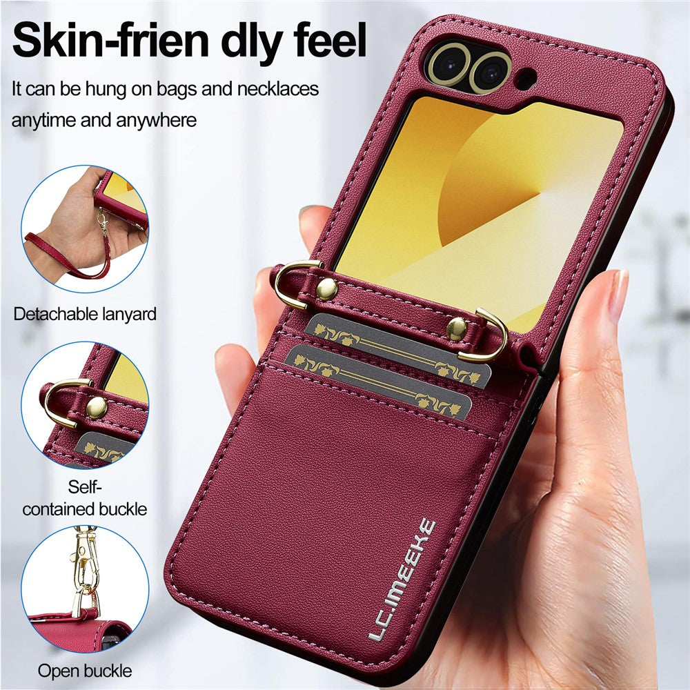 LC.IMEEKE for Samsung Galaxy Z Flip7 FE 5G / Z Flip6 5G Case Leather+PC Phone Cover with Straps Card Slots - Red