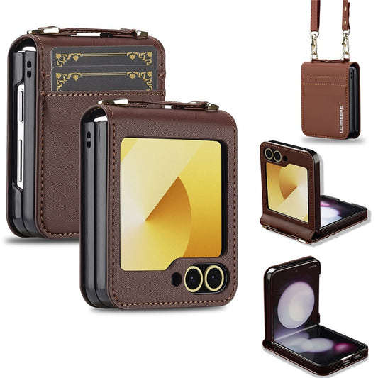 LC.IMEEKE for Samsung Galaxy Z Flip7 FE 5G / Z Flip6 5G Case Leather+PC Phone Cover with Straps Card Slots - Brown