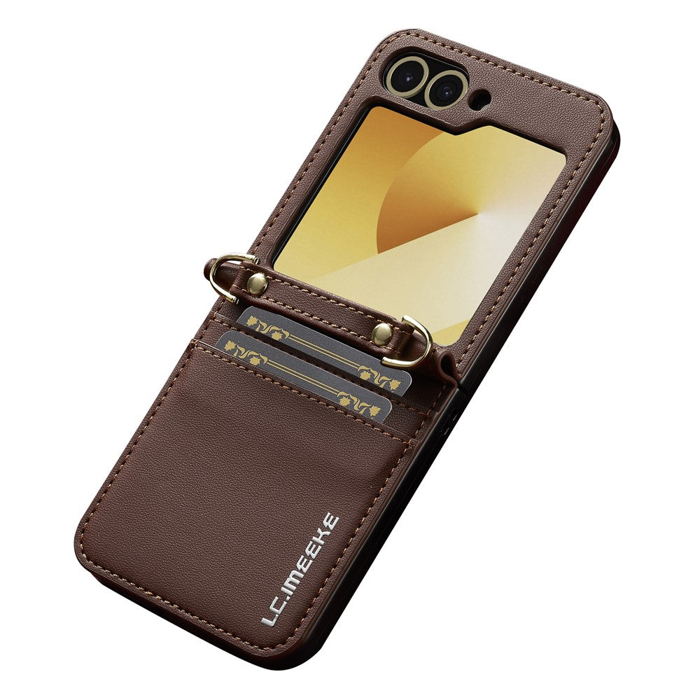 LC.IMEEKE for Samsung Galaxy Z Flip7 FE 5G / Z Flip6 5G Case Leather+PC Phone Cover with Straps Card Slots - Brown