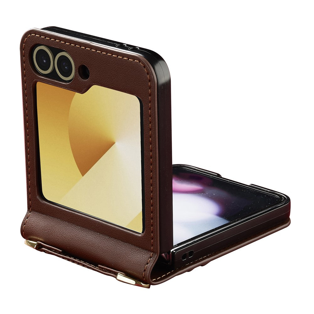 LC.IMEEKE for Samsung Galaxy Z Flip7 FE 5G / Z Flip6 5G Case Leather+PC Phone Cover with Straps Card Slots - Brown