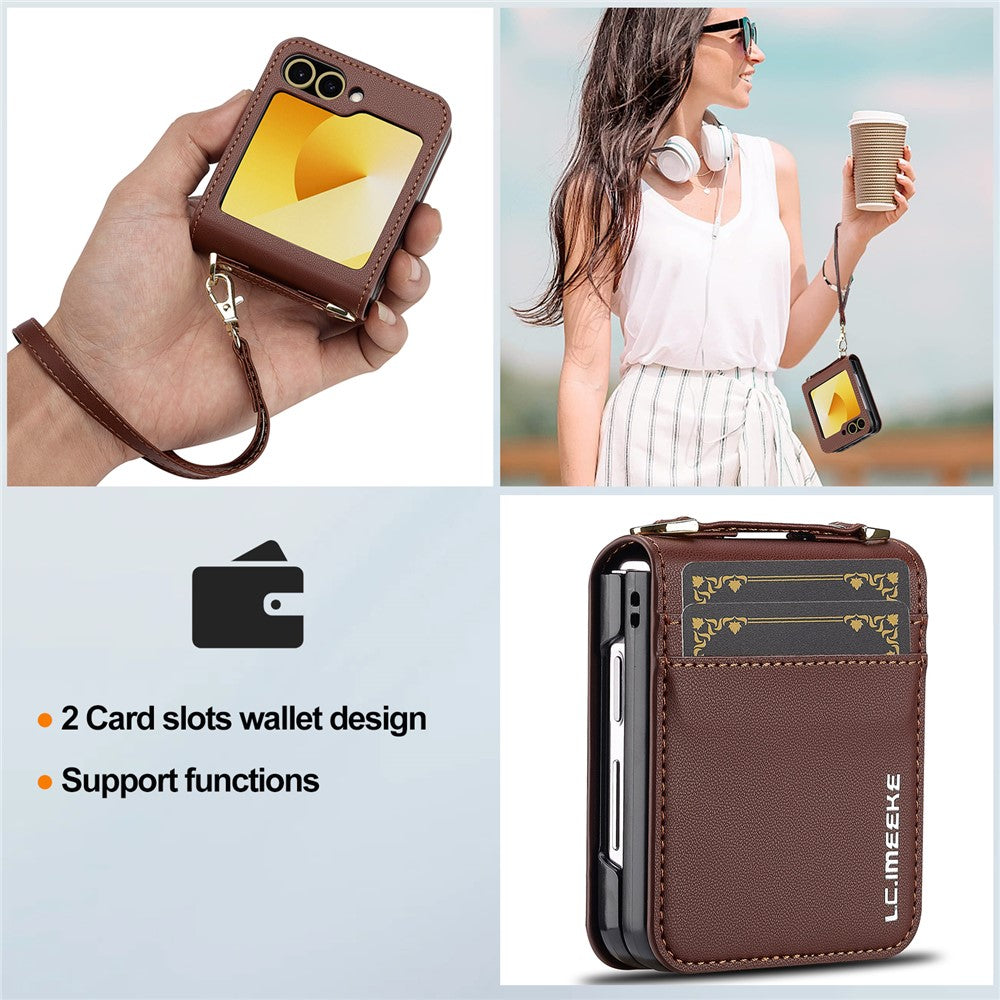 LC.IMEEKE for Samsung Galaxy Z Flip7 FE 5G / Z Flip6 5G Case Leather+PC Phone Cover with Straps Card Slots - Brown