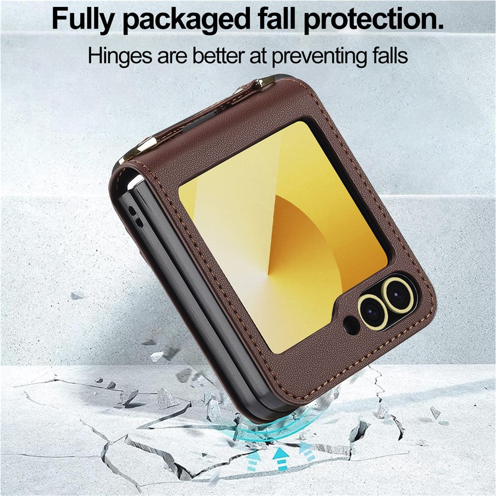 LC.IMEEKE for Samsung Galaxy Z Flip7 FE 5G / Z Flip6 5G Case Leather+PC Phone Cover with Straps Card Slots - Brown
