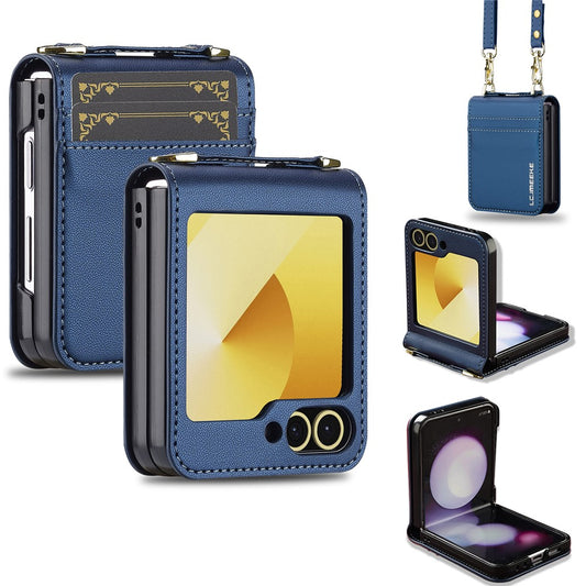 LC.IMEEKE for Samsung Galaxy Z Flip7 FE 5G / Z Flip6 5G Case Leather+PC Phone Cover with Straps Card Slots - Blue