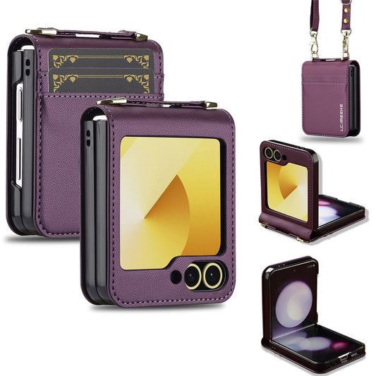 LC.IMEEKE for Samsung Galaxy Z Flip7 FE 5G / Z Flip6 5G Case Leather+PC Phone Cover with Straps Card Slots - Purple