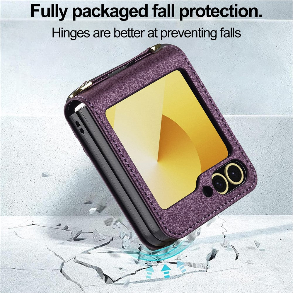 LC.IMEEKE for Samsung Galaxy Z Flip7 FE 5G / Z Flip6 5G Case Leather+PC Phone Cover with Straps Card Slots - Purple