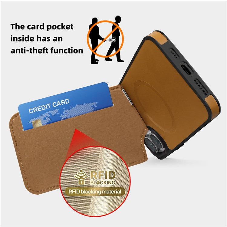For iPhone 16 Case Compatible with MagSafe RFID Blocking Card Slot Leather Back Cover - Brown