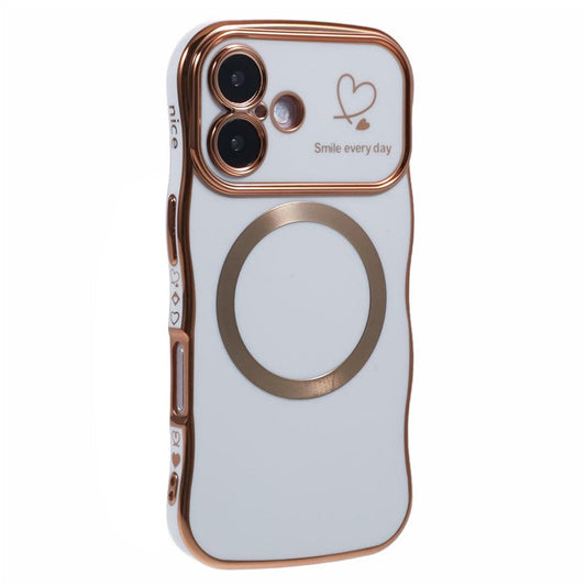 For iPhone 16 Plus Magnetic Case Electroplating Curly Frame TPU Phone Cover Large Window - Ivory White