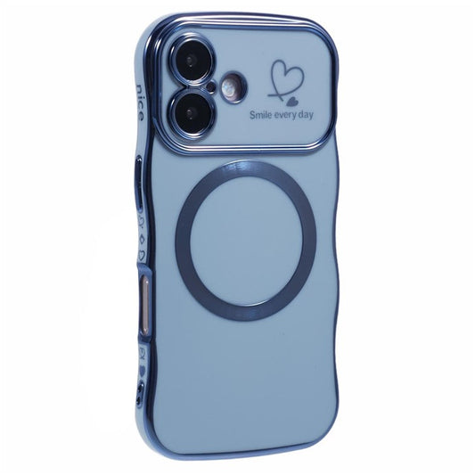 For iPhone 16 Plus Magnetic Case Electroplating Curly Frame TPU Phone Cover Large Window - Blue